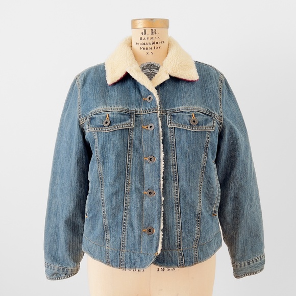 LL Bean Denim Sherpa Lined Jean Chore Barn Jacket Size Medium Petite Western - Picture 5 of 12